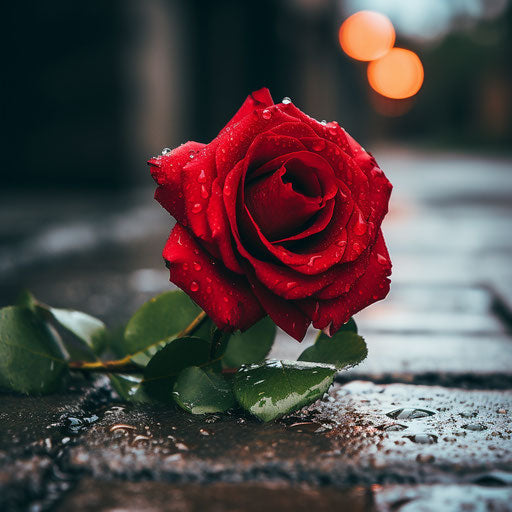 Red flower in the rain, lovecore style, poignant