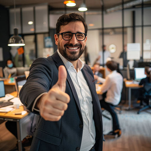 Satisfied businessman in high-energy office, team working