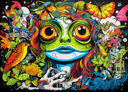 Frog and bee in a sublime psychedelic style