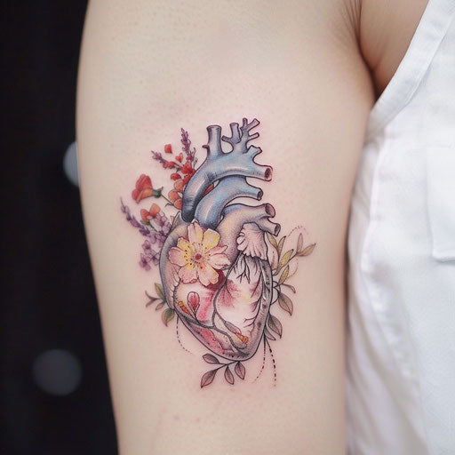 Anatomical heart tattoo blended with floral elements in soft pastel palette
