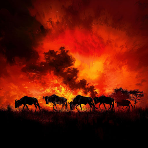 Wildebeest silhouettes against a fiery sunset