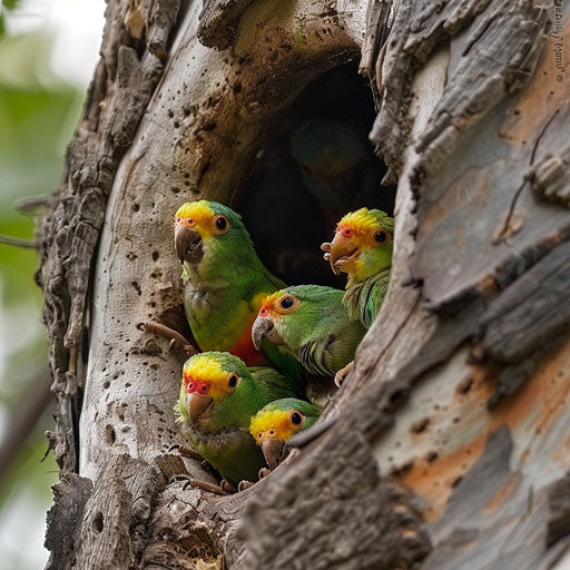 A family of swift parrots in their natural habitat, with chicks peeking out of a tree hollow.