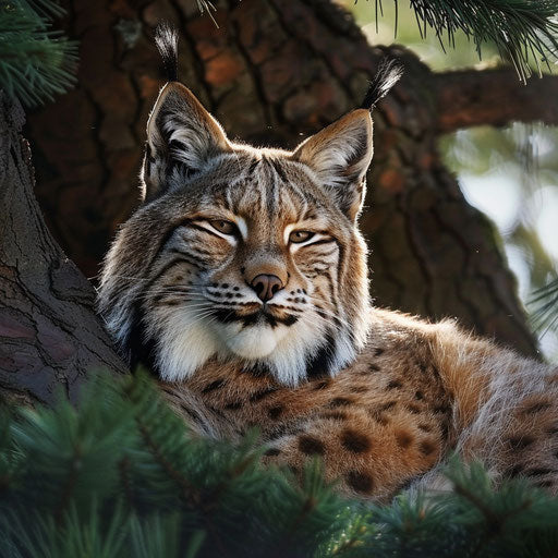 Lynx under pine, moment of active rest