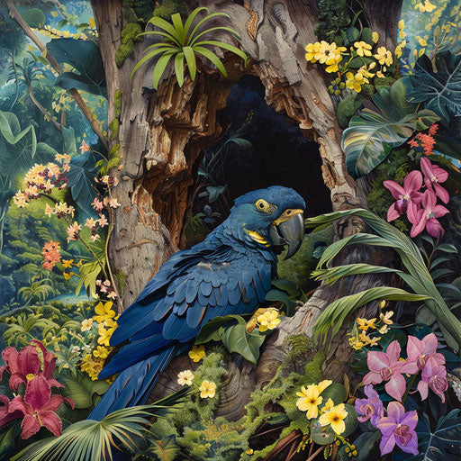 Spix's macaw nesting in ancient tree among exotic plants and vibrant blooming flowers