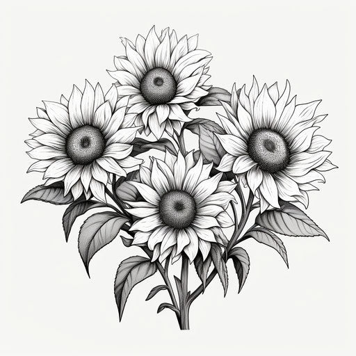 Black and white drawing of minimalist sunflowers