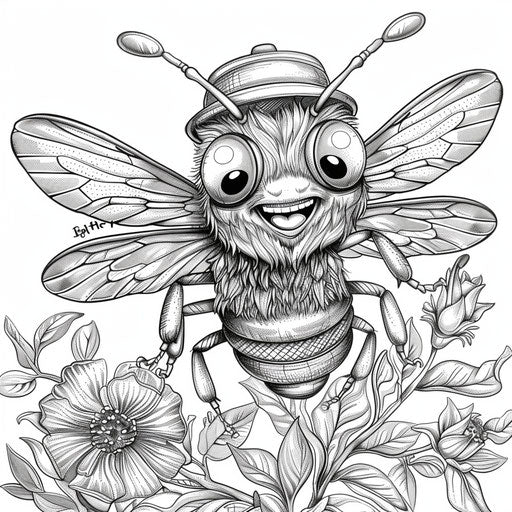 A whimsical cartoon bee in a tiny hat