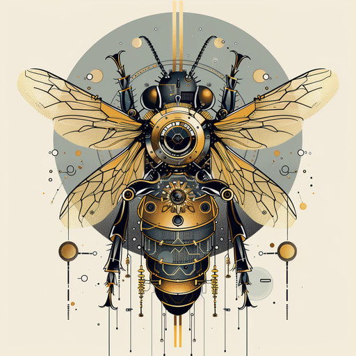 Futuristic tattoo sketch of a queen bee with metallic shades and circuit-like patterns in a clipart style