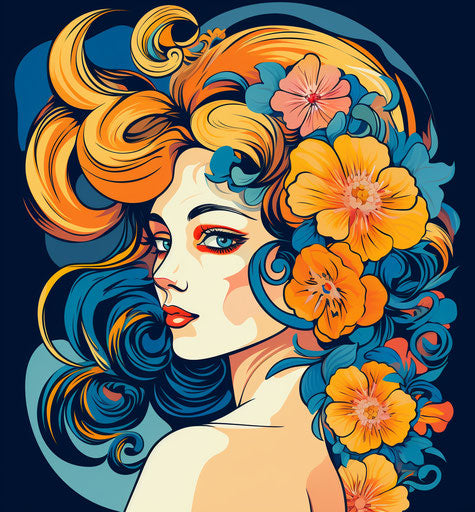 Vintage girl with hairstyle and flower, bold outline style