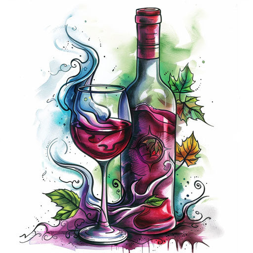 Italian wine bottle and glass tattoo design, elegant and in color