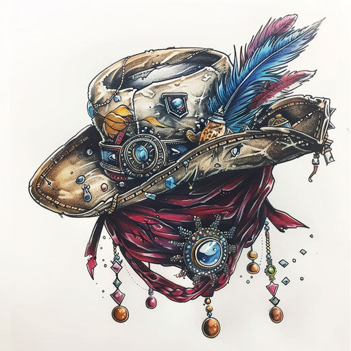 Flat tattoo sketch of an adventurer's hat with feathers and pins