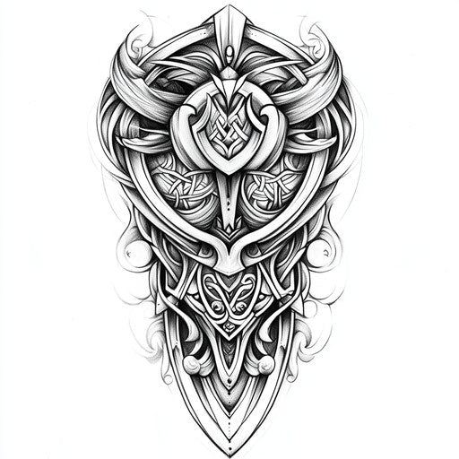 Flat tattoo sketch sleeve featuring shield on white background