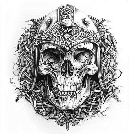 Skull in medieval helmet with Celtic ornament tattoo