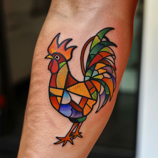Stained glass style rooster tattoo, vibrant colors and black outlines