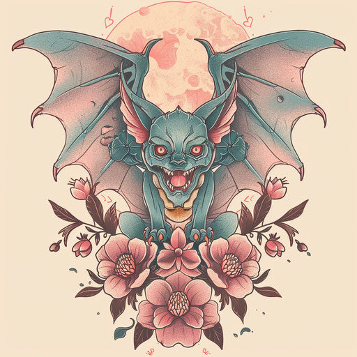 Elegant flat tattoo sketch of a gargoyle with soft pastel tones