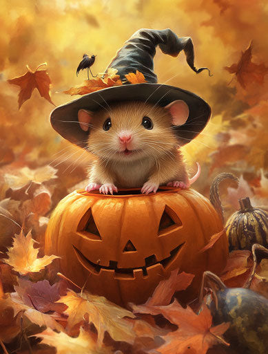 Cute brown mouse on pumpkin with witch hat