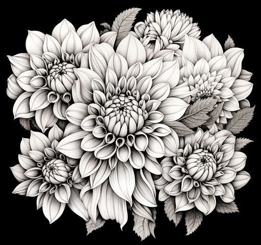 Black and white dahlia flowers, pen and ink drawing