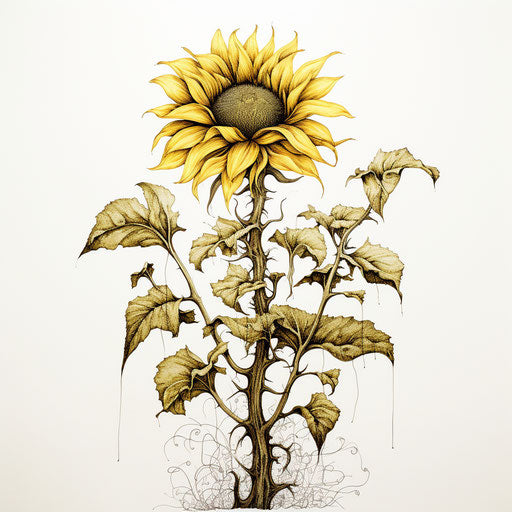 Drawn yellow sunflower roots and leaves Apollonia Saintclair style