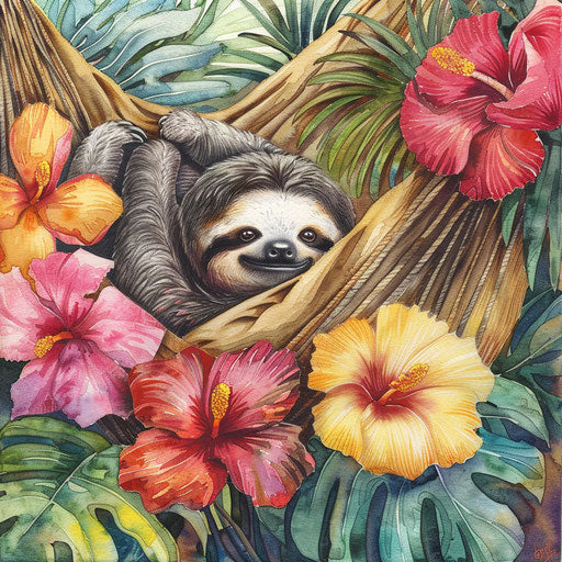 Watercolor painting of a sloth in a cozy hammock