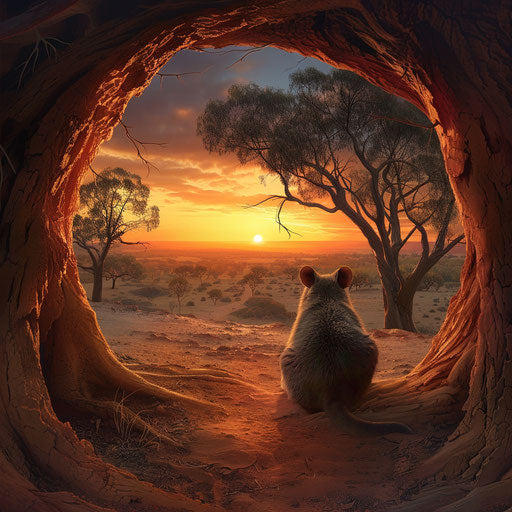 The elderly wombat at the entrance of its burrow, overlooking a vast wilderness as the day ends.