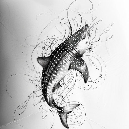 Flat tattoo sketch of a whale shark with dynamic swirling lines and elegant curves