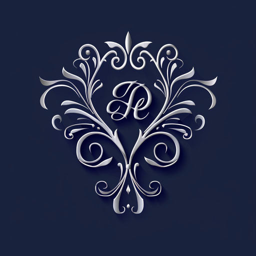 Elegant company logo with monogram and delicate filigree on dark blue background