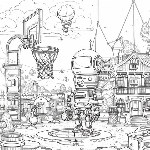 Whimsical scene of a robot playing basketball. Coloring book page