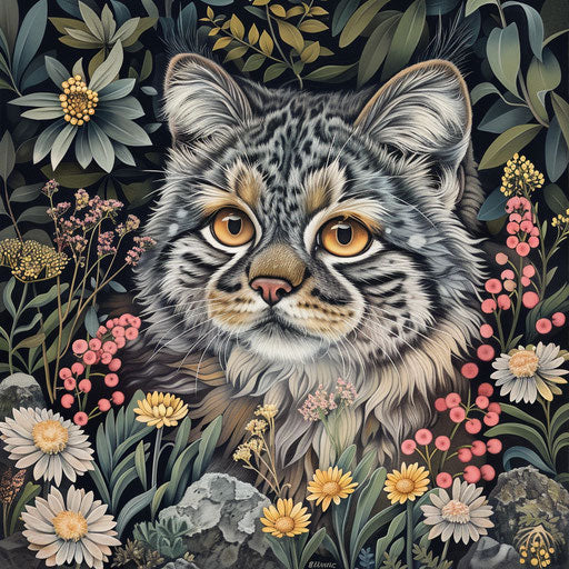 A Pallas's cat surrounded by delicate mountain flora