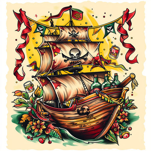 Festive banners and rum bottles with Jolly Roger