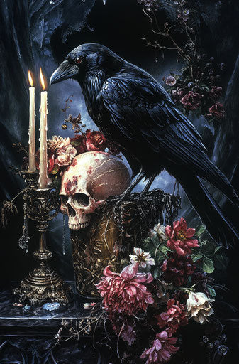 Gothic-style painting with raven, skull, and candles