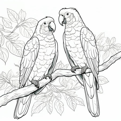 Adorable parrots on tree branch, coloring pages