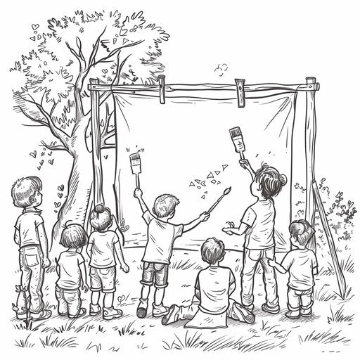 Children painting a giant canvas outdoors in a park