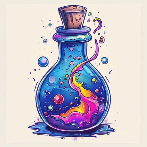 Vivid flat tattoo sketch of a mysterious potion bottle