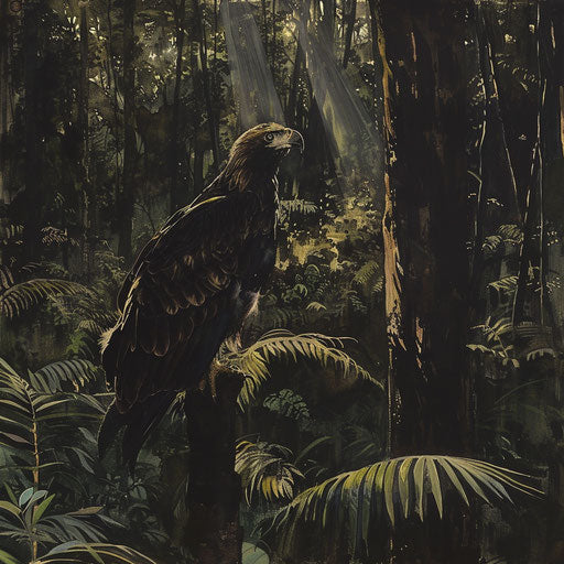 Wedge-tailed eagle perched silently in the shadowy depths of a dense forest, camouflaged by the dappled light.