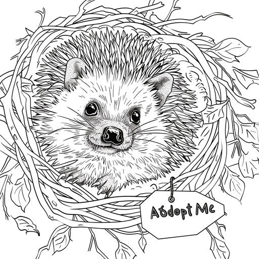 Hedgehog in cozy nest with 'Adopt Me' tag