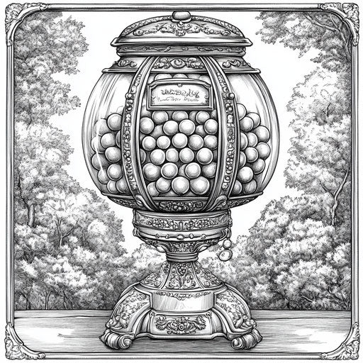 Intricate gumball machine with fine line work in the style of Stephen Wiltshire Coloring book page