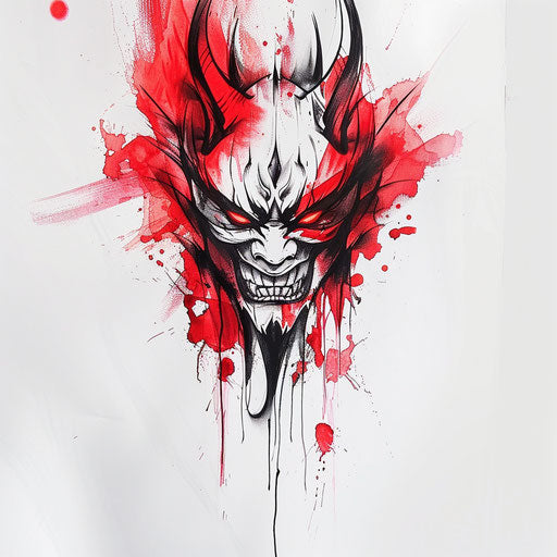 Minimalist oni tattoo with abstract elements in red and black on pure white