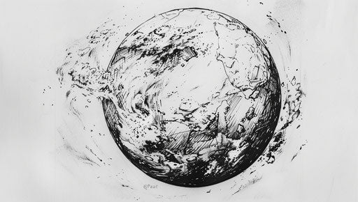 Earth in writer academia style, graphic black and white