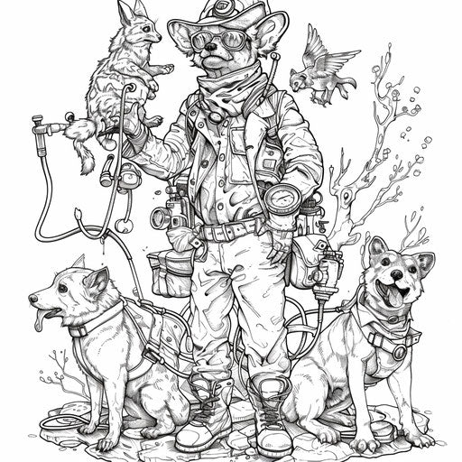 Playful scene with a veterinarian and animals in the style of Teagan White coloring book