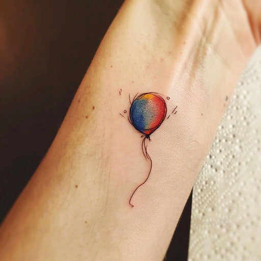 Colorful minimalist tattoo sketch of a balloon floating away in a clear sky, freedom motif