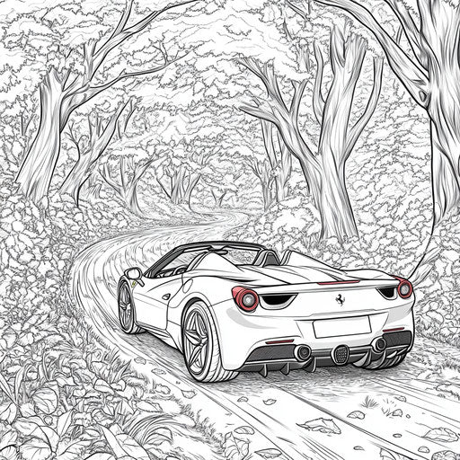Ferrari in a magical forest, Teagan White style, whimsical and detailed coloring page