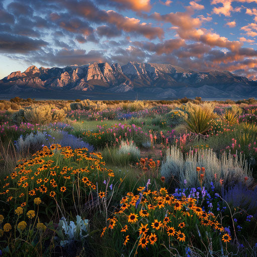 Sandia Mountains with wildflowers in the foreground