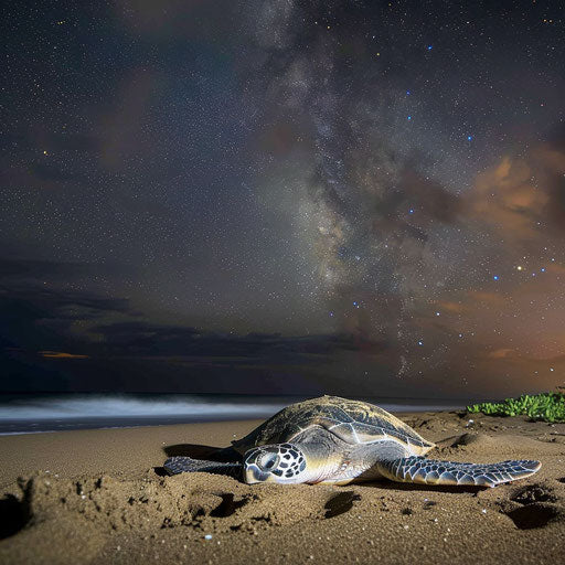 Olive ridley sea turtle laying eggs on a sandy beach under a starry night sky, emphasizing the cycle of life