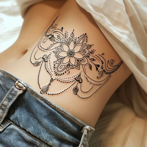 Contemporary tattoo sketch of a Mehndi design with minimalist aesthetic and bold outlines