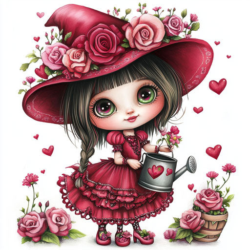 Valentine's Day cute witch with roses and hearts