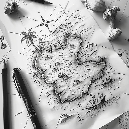 Sketch of a map showing a treasure island with X marking