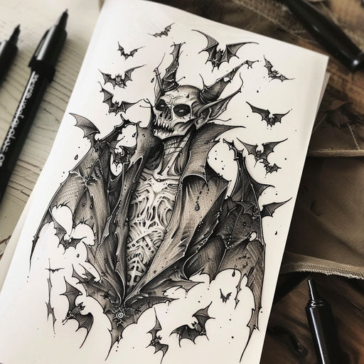 Flat tattoo sketch of a vampire with a detailed bat swarm forming a cape