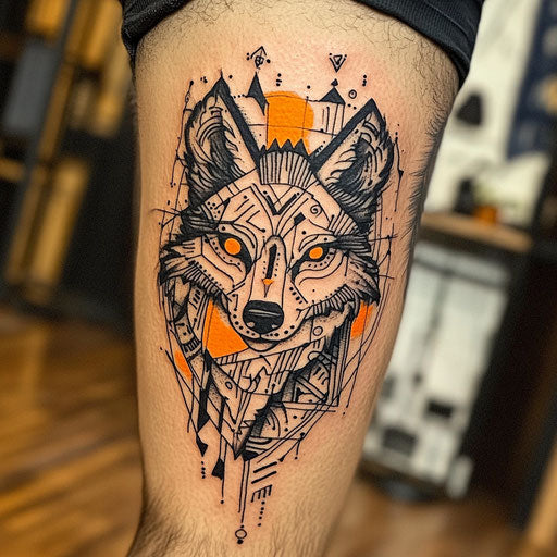 Tribal wolf tattoo in the style of Guy Aitchison with abstract geometric patterns and glowing accents