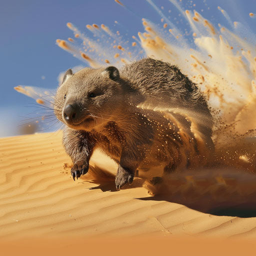 Wombat sprinting in sandy dune under Australian sun