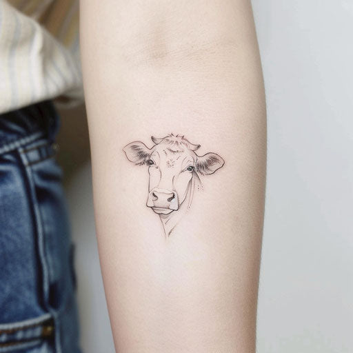 Tiny minimalist cow tattoo design on bright white background