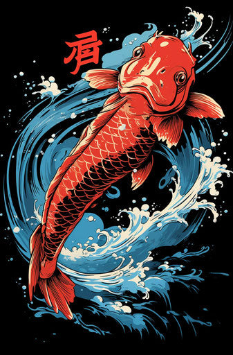 Koi fish in water with Japanese kanji, comic book style
